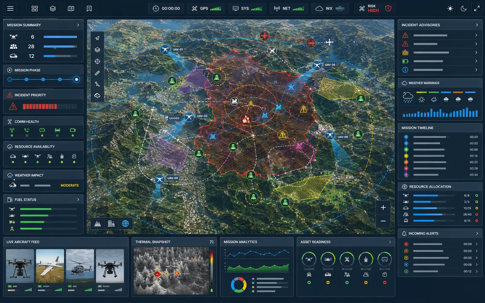 Concept incident command dashboard summarizing mission phase, assets on scene, and priority advisories.